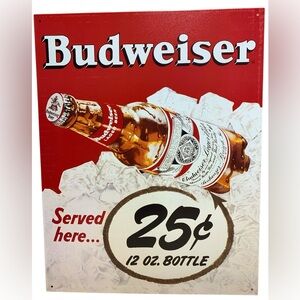 Budweiser Served Here .25 Cent 12 OZ Bottle Retro Tin Sign Bar Mans Cave Garage